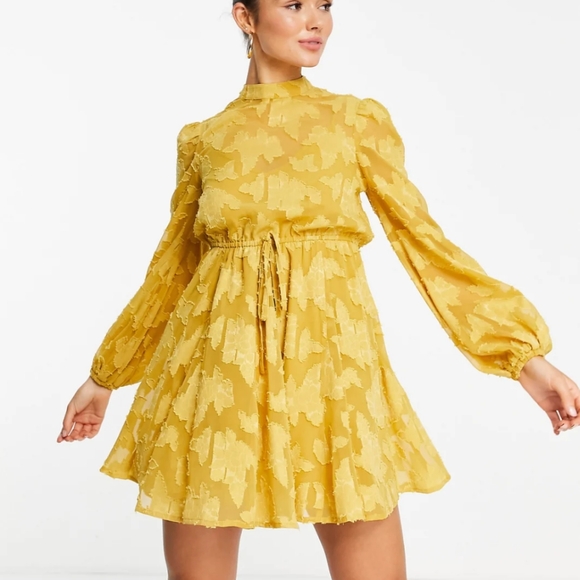 NWT Asos Yellow Floral Long Sleeve Mini Dress - Picture 2 of 11